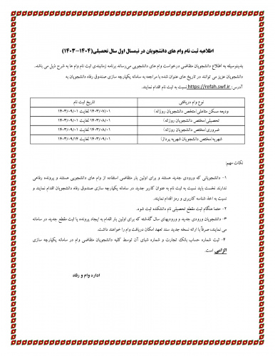 اطلاعیه ثبت درخواست وام دانشجویی سال تحصیلی (۱۴۰۴_۱۴۰۳)